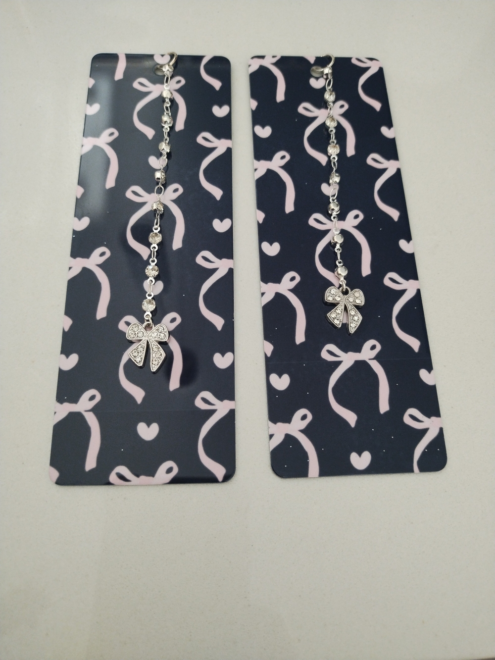 Bow Charm Black and Pink Metal Bookmark- Silver Crystal Bow Design